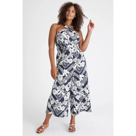 Anthropologie Maeve Blue White Floral Halter Wide Leg Jumpsuit 14 Petite NWT - Picture 2 of 13